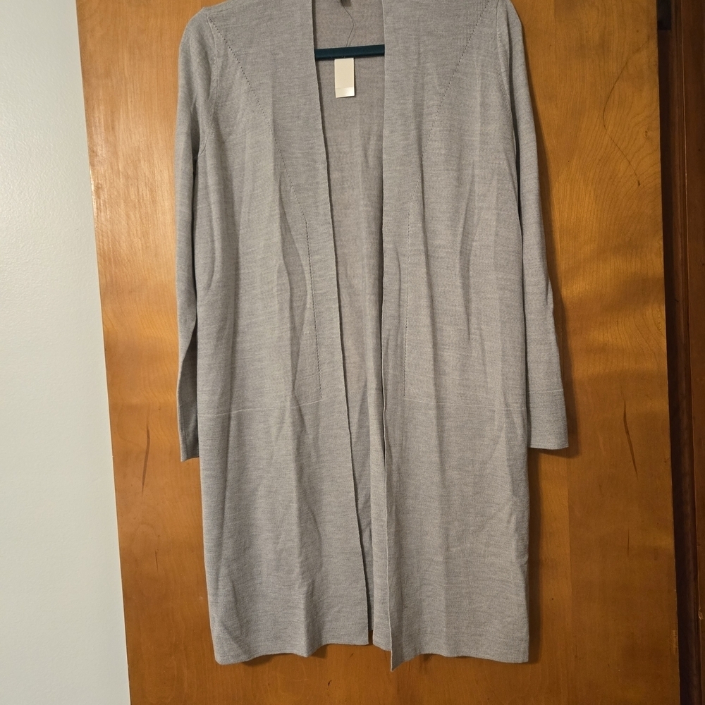 NWT Talbots Merino Wool Gray Long Open Cardigan Sweater Size MP